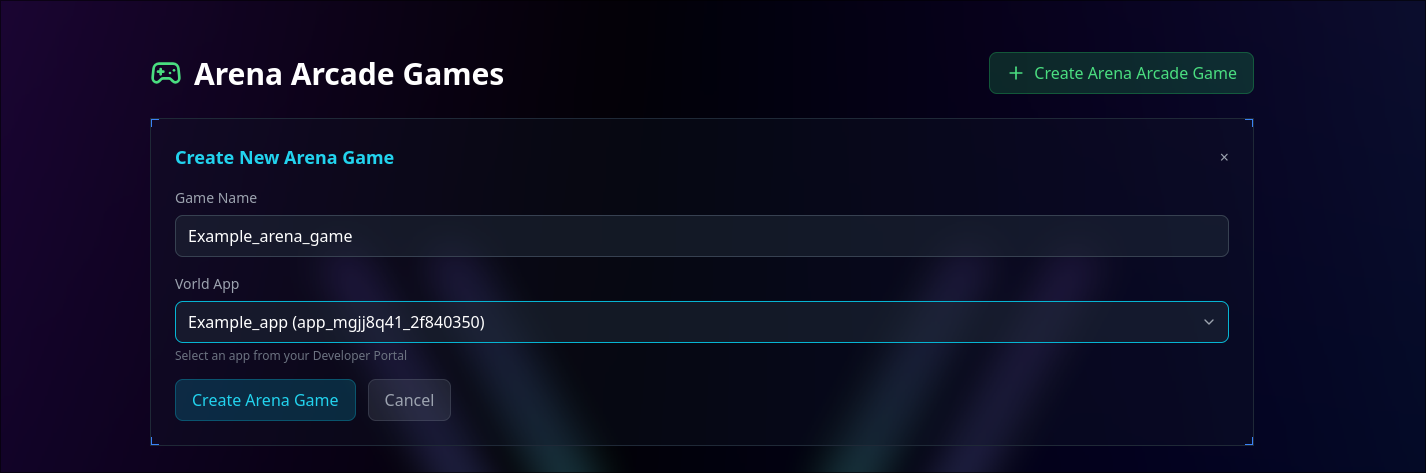 Arena Game Creation Form